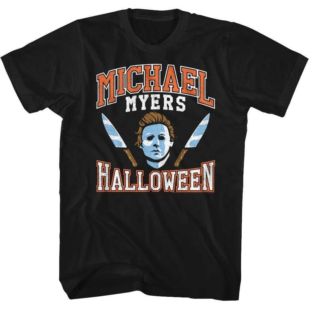 Michael Myers Mask And Knives Varsity Logo Halloween Tshirt